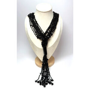 Vintage 42" Multi Strand Jet Glass Black Seed Beads Lariat Necklace Mourning